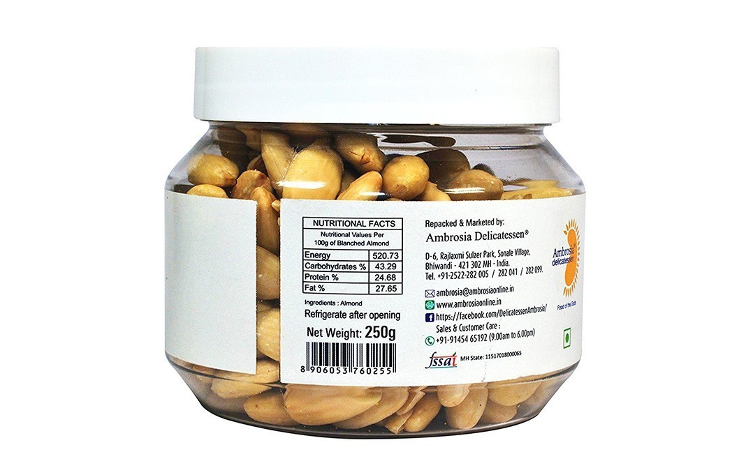 Ambrosia Delicatessen Blanched Almond    Jar  250 grams